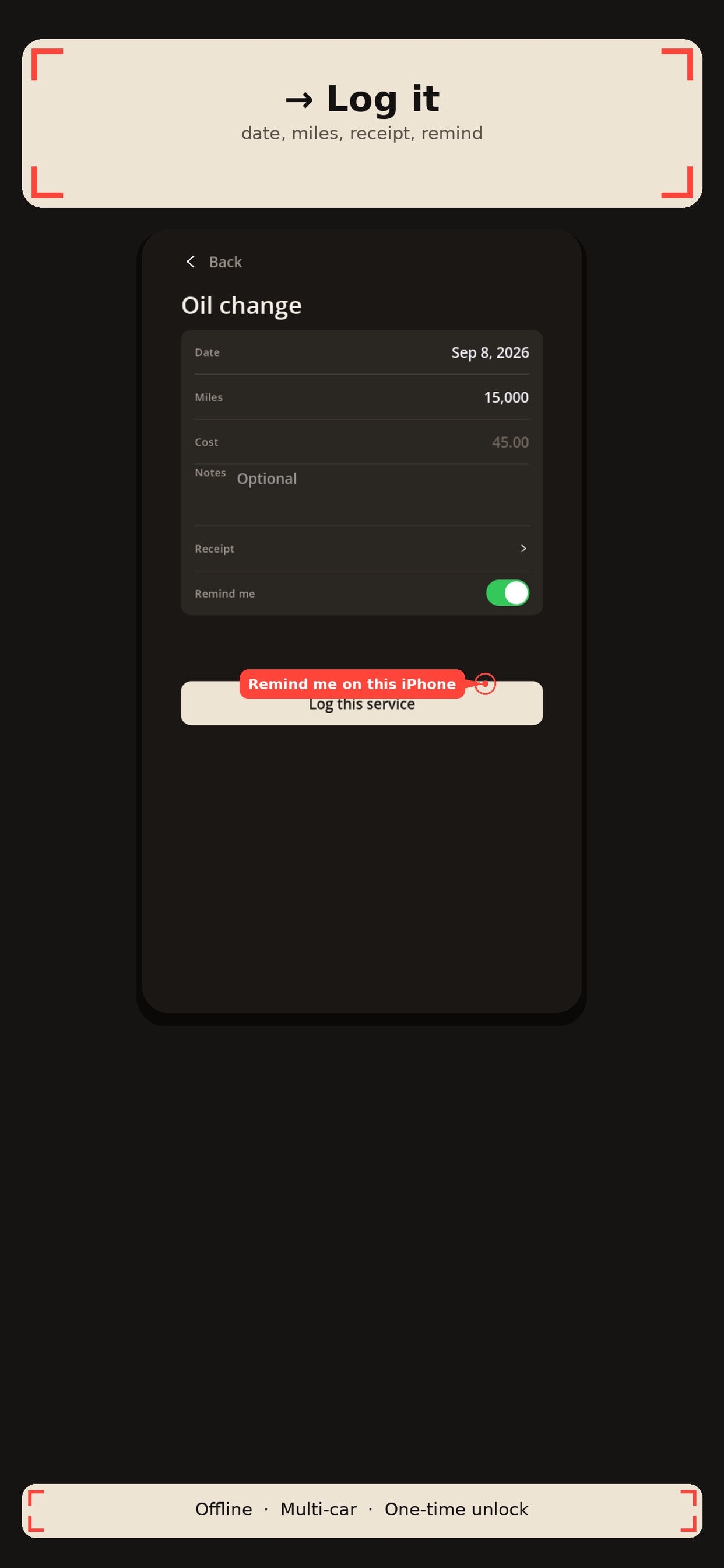 Oil Due — log a service and remind