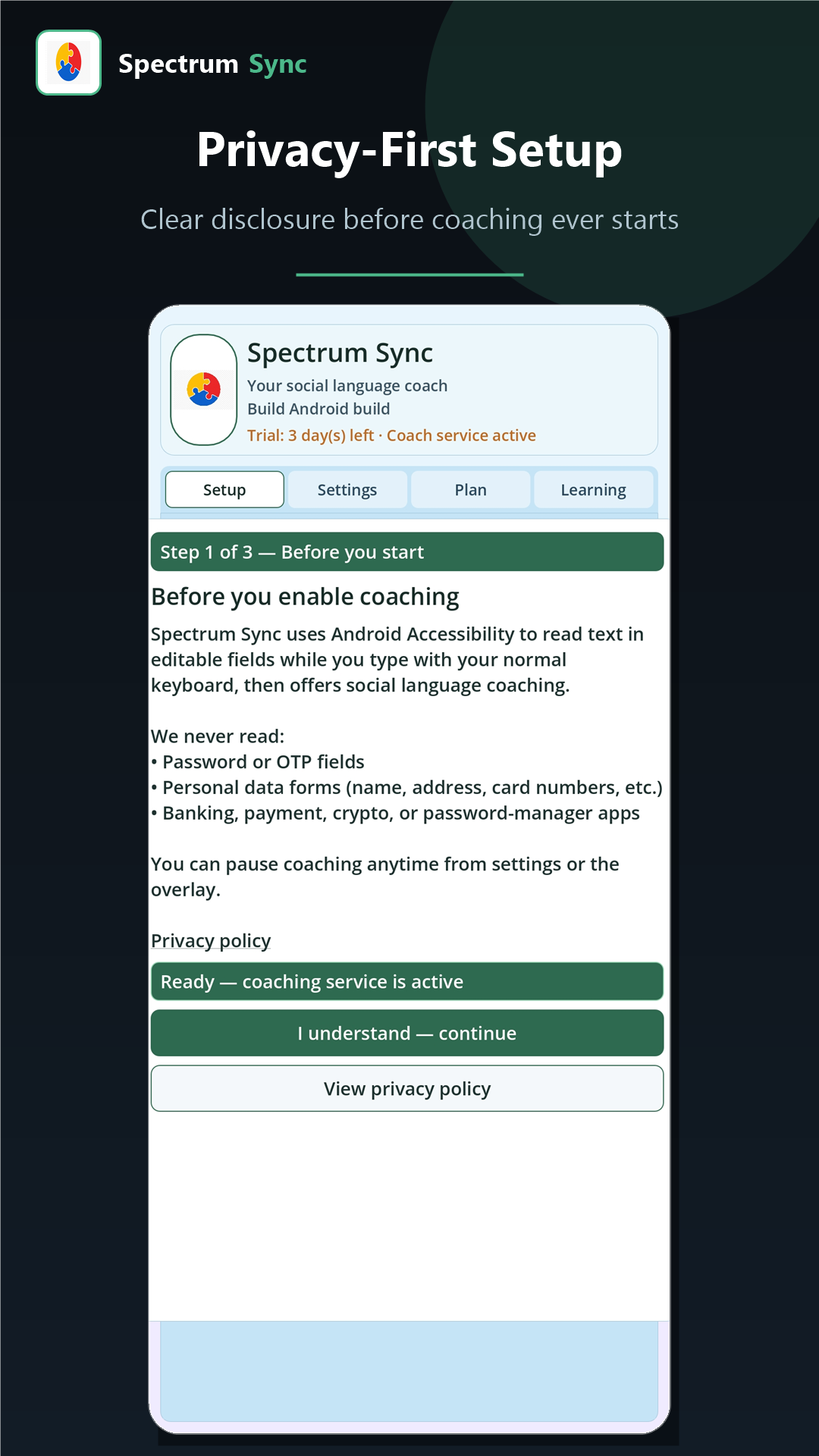 Spectrum Sync Android — privacy-first setup