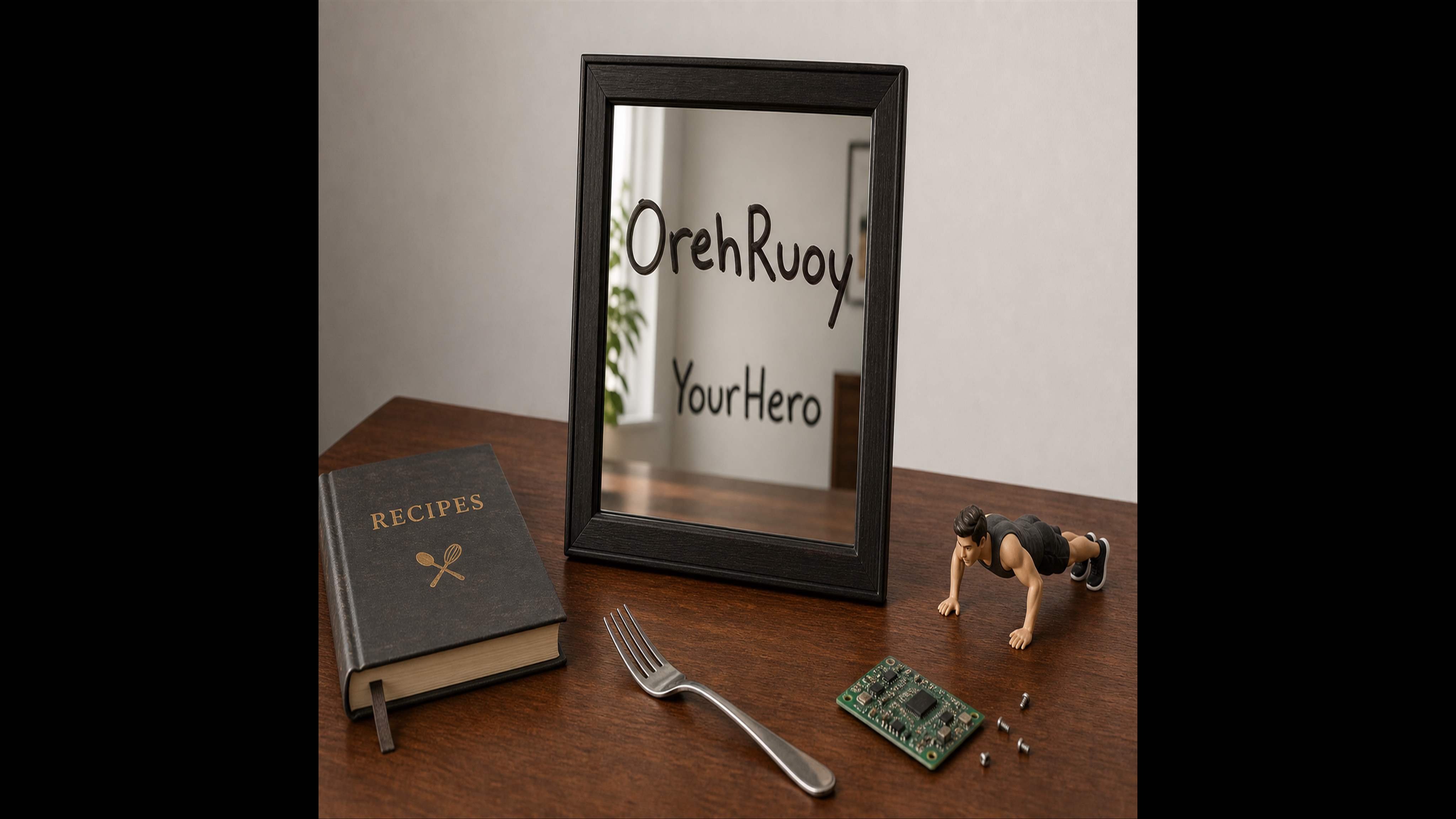 OrehRuoy written on a framed mirror on a wood desk with a recipe book, fork, circuit board, and fitness figurine